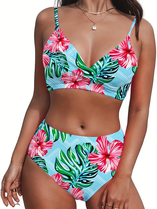 Damen Hochgeschnittener Bikini mit tropischem Muster EB
