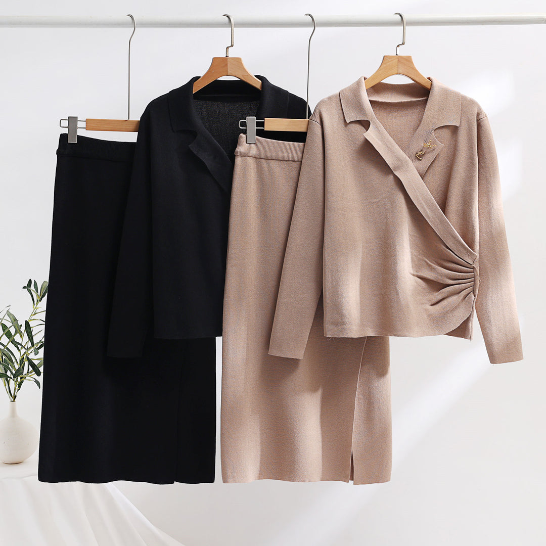 Damen elegantes Strickensemble mit Wickeloberteil und raffinierter hoher Taillierung EB