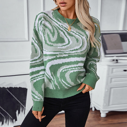 Damen gemusterter Strickpullover mit modernem Wellenmuster und Rundhalsausschnitt EB