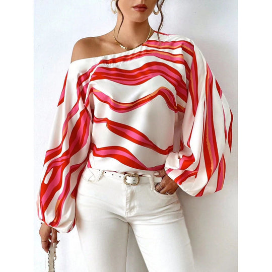 Damen Off-Shoulder Bluse mit voluminösen Ärmeln und maritimem Wellenmuster EB