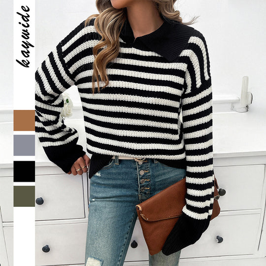 Damen nan gestreifter Polokragen-Strickpullover mit weitem Saum und ausgestellten Bündchen EB