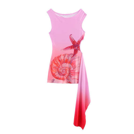 Damen ärmelloses Strandkleid mit maritimen Motiven und asymmetrischem Saum EB