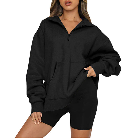Damen nan Oversize-Halbzip-Kapuzenpullover mit Kängurutasche und verlängertem Saum EB