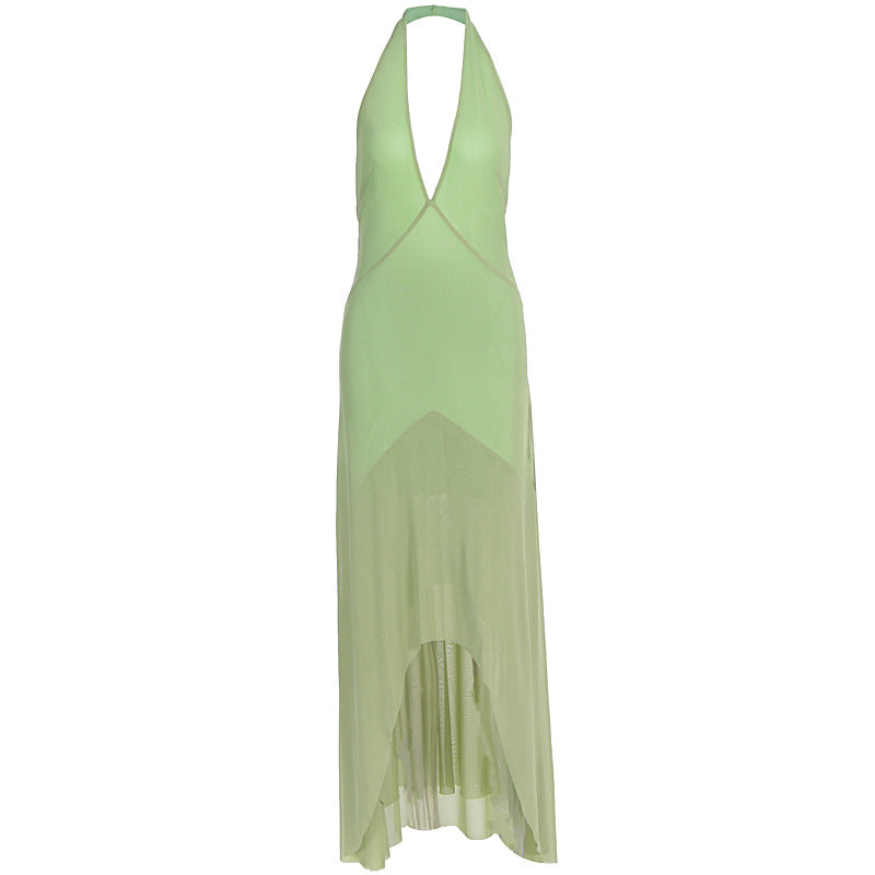 Damen elegantes Maxikleid mit tiefem V-Ausschnitt und transparentem Überwurf EB