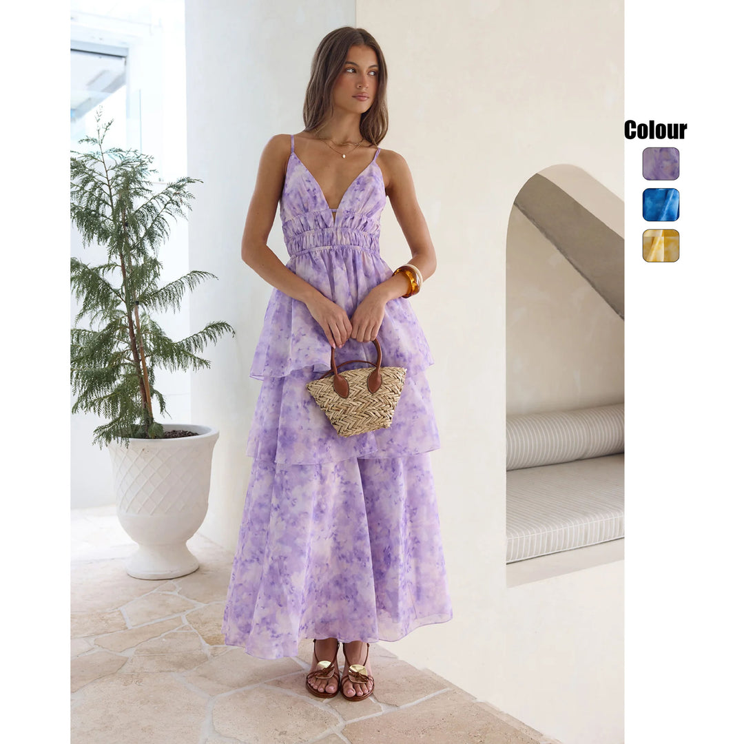 Damen Maxikleid mit voluminösen Rüschenschichten und V-Ausschnitt EB
