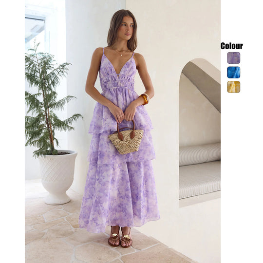 Damen Maxikleid mit voluminösen Rüschenschichten und V-Ausschnitt EB