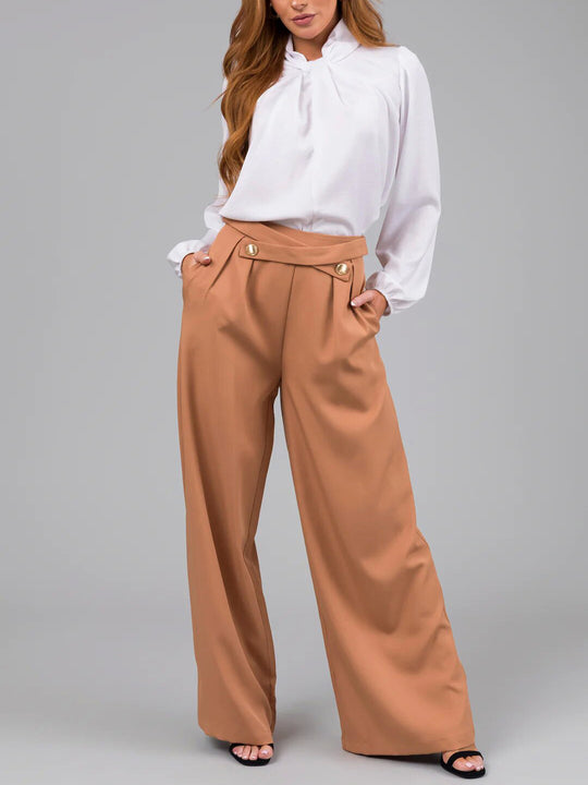 Damen elegante Bluse mit Bogenkragen und weiten Hose EB