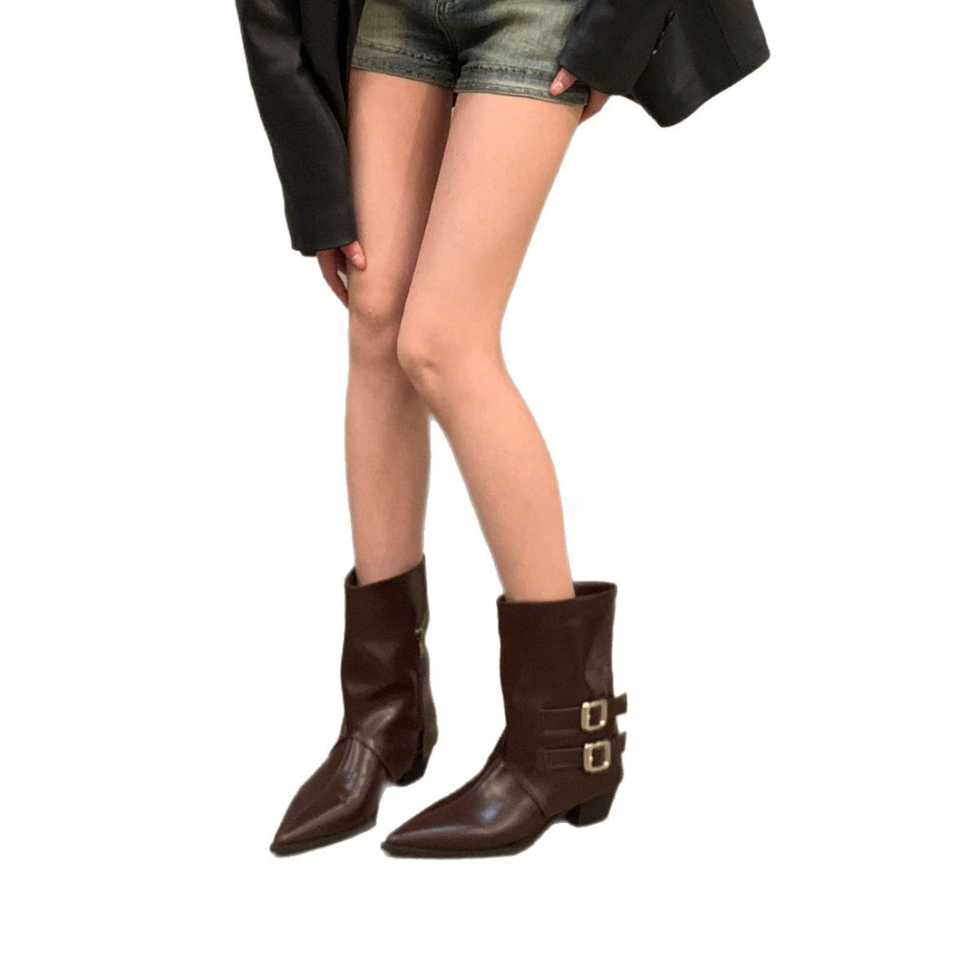 Damen Elegante Stiefeletten mit dekorativen Schnallen und spitzem Schnitt EB