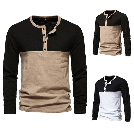 Herren Langarm-Henley-Shirt mit kontrastierenden Ärmeln und stilvollem Knopfdesign EB