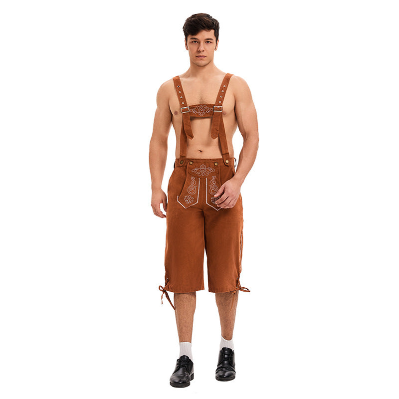 Herren nan knielange traditionelle Lederhose mit besticktem Brustlatz und verstellbaren Trägern EB