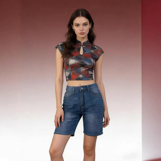 Damen figurbetontes Cropped Oberteil mit Stehkragen und kurzen Ärmeln EB