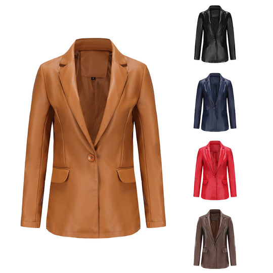 Damen nan taillierter Blazer aus Kunstleder mit Reverskragen und Pattentaschen EB