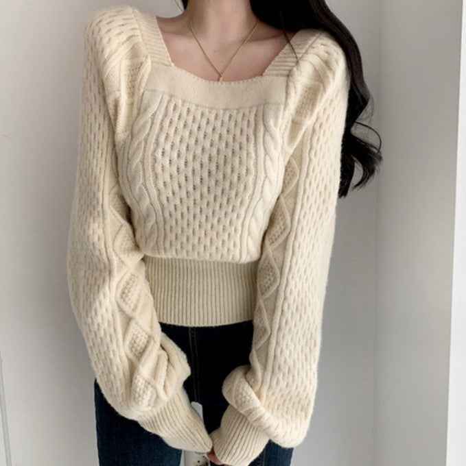 Damen Grobstrickpullover mit modernen Zopfdetails und quadratischem Ausschnitt EB