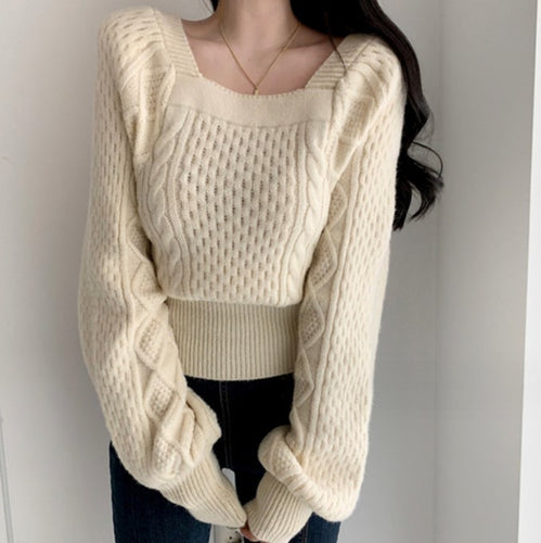 Damen Grobstrickpullover mit modernen Zopfdetails und quadratischem Ausschnitt EB