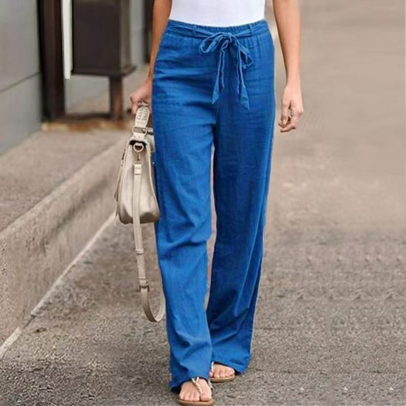 Damen Weite Lounge-Hose mit hohem Gummibund und dekorativem Bindeband EB