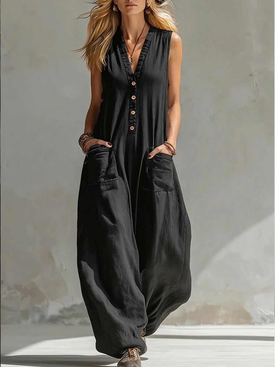 Damen Jumpsuit mit tiefem V-Ausschnitt und praktischen Taschen EB