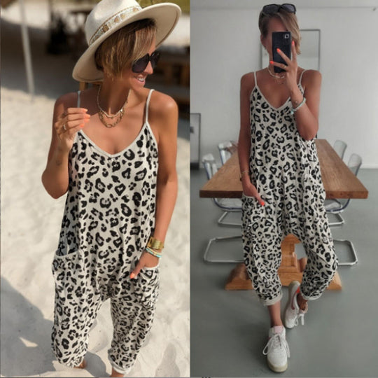 Damen lässiger Jumpsuit mit modischem Leopardenmuster und praktischen Taschen EB