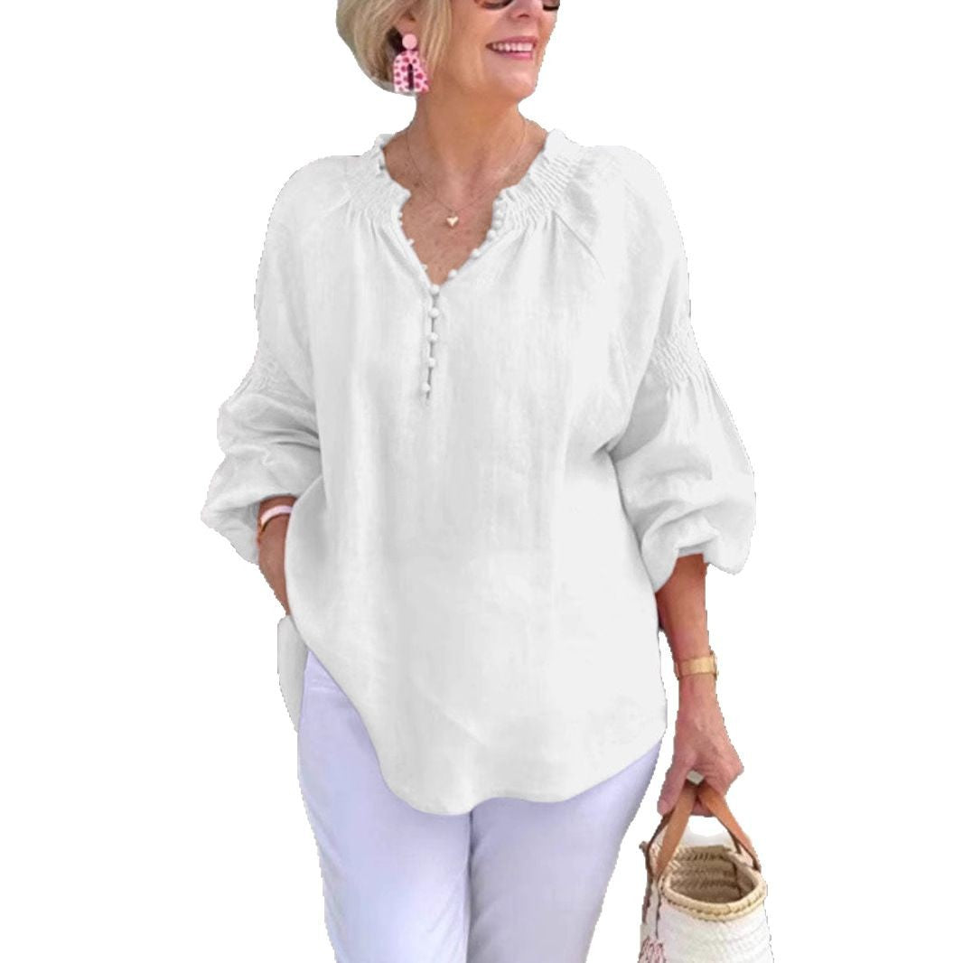 Damen Leichte Bluse mit elastischen Puffärmeln und Knopfleiste EB