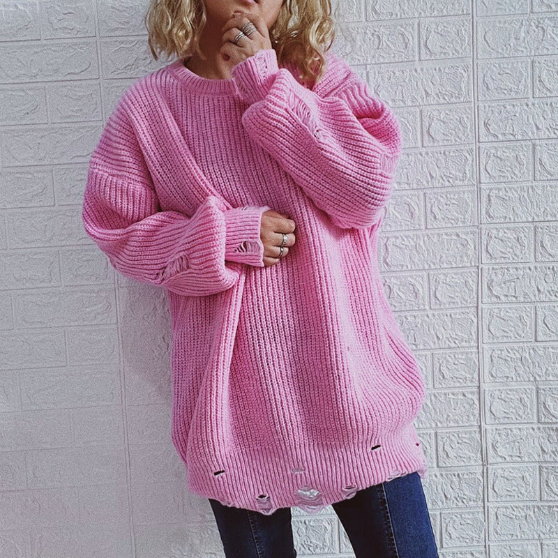 Damen Grobstrickpullover mit lässigen Rückenschlitzen und weiten Ärmeln EB