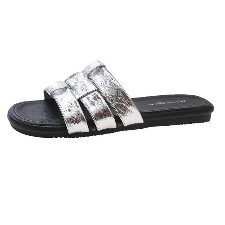 Damen bequeme Pantoletten mit glänzenden Riemen EB