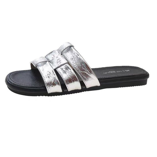 Damen bequeme Pantoletten mit glänzenden Riemen EB