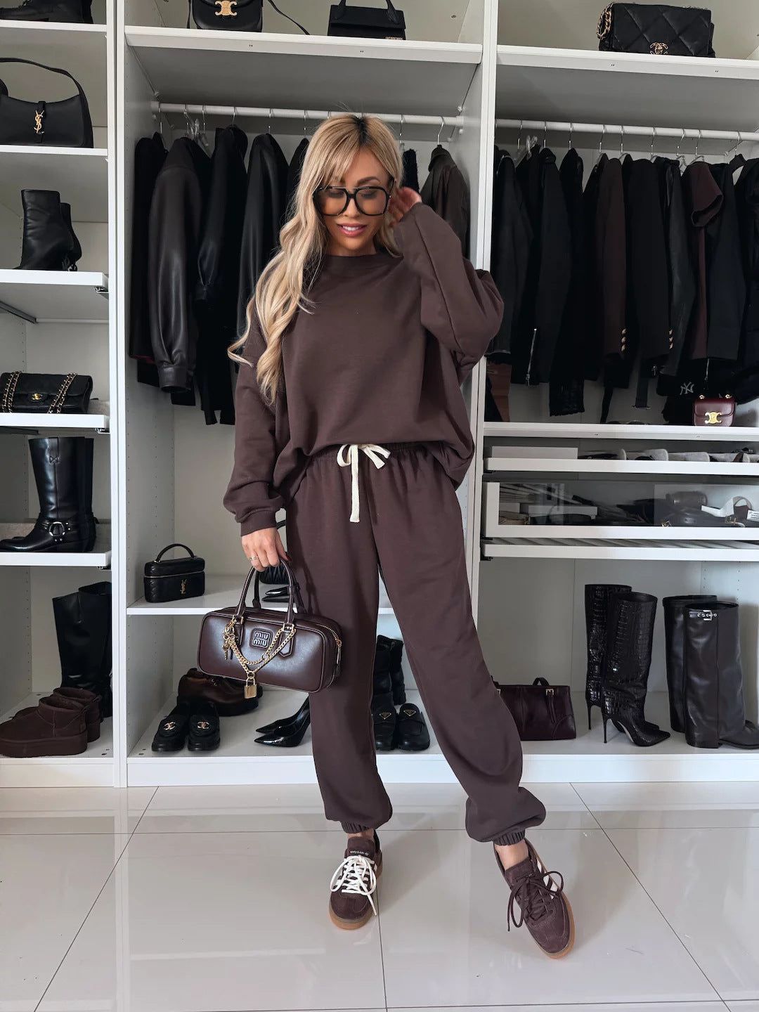 Damen nan entspanntes Lounge-Set aus Bio-Baumwoll-French-Terry mit Kordelzug, elastischem Bund und gerippten Bündchen EB