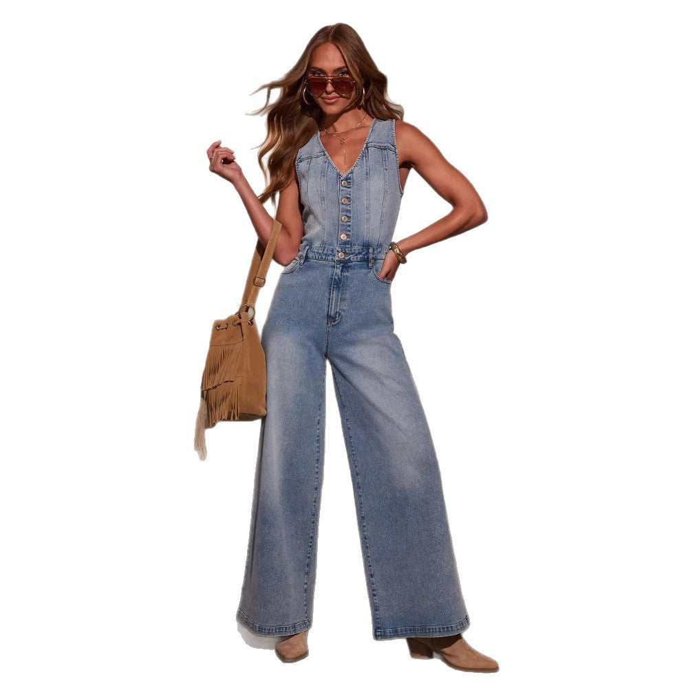 Damen Weitgeschnittene Denim-Latzhose mit Knopfdetails und regulierbarem Bund EB