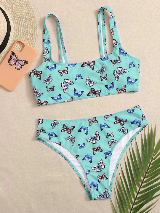 Damen Crop-Bikini-Set mit buntem Schmetterlingsdruck EB