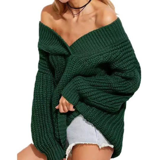 Damen Oversized Strickpullover mit V-Ausschnitt und breiten Ärmeln EB