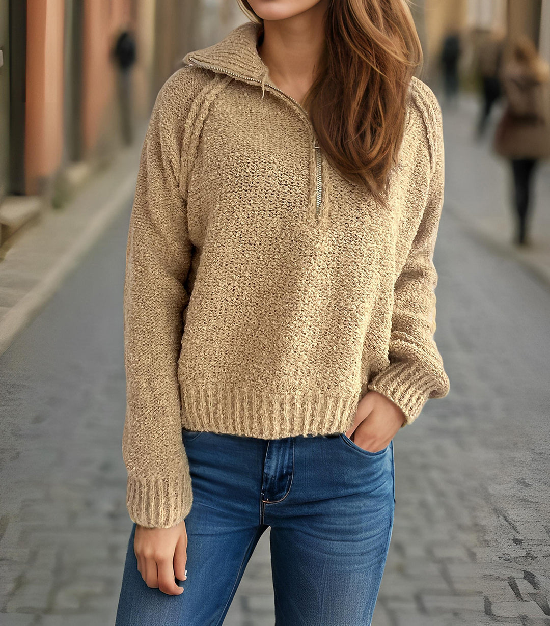 Damen lässiger Zip-Pullover mit oversized Schnitt und hohem Kragen EB