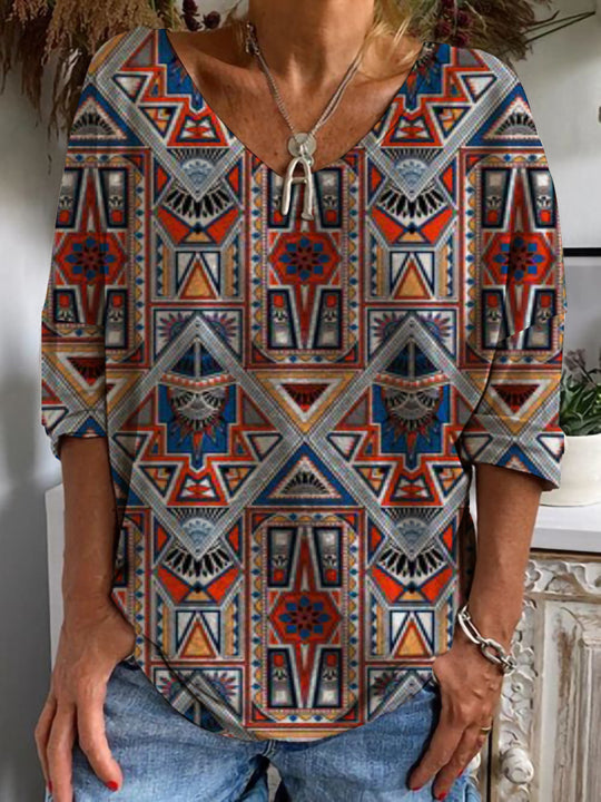 Damen Geometrische Boho-Tunika mit V-Ausschnitt und dreiviertelärmeln EB