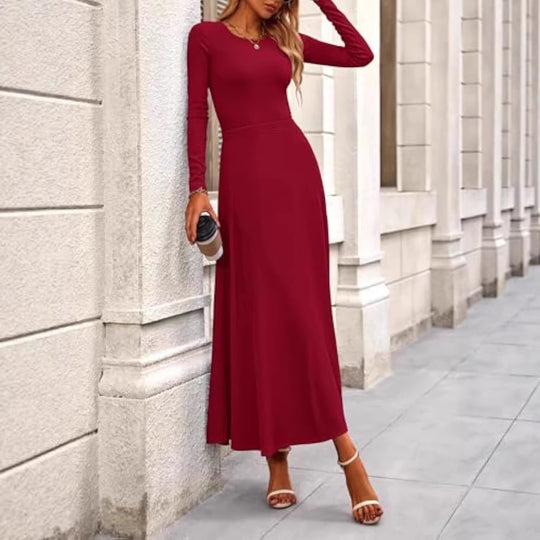 Damen Langärmeliges Maxikleid mit tailliertem Oberteil und fließendem A-Linien-Rock EB