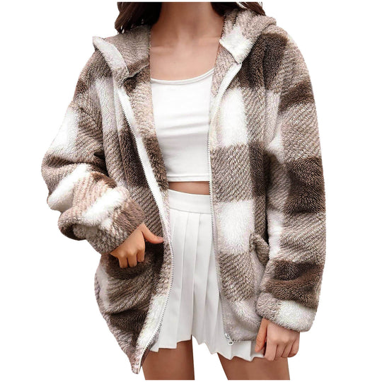 Damen nan dicke Karo-Teddyjacke mit Kapuze, Frontreißverschluss und aufgesetzten Taschen EB