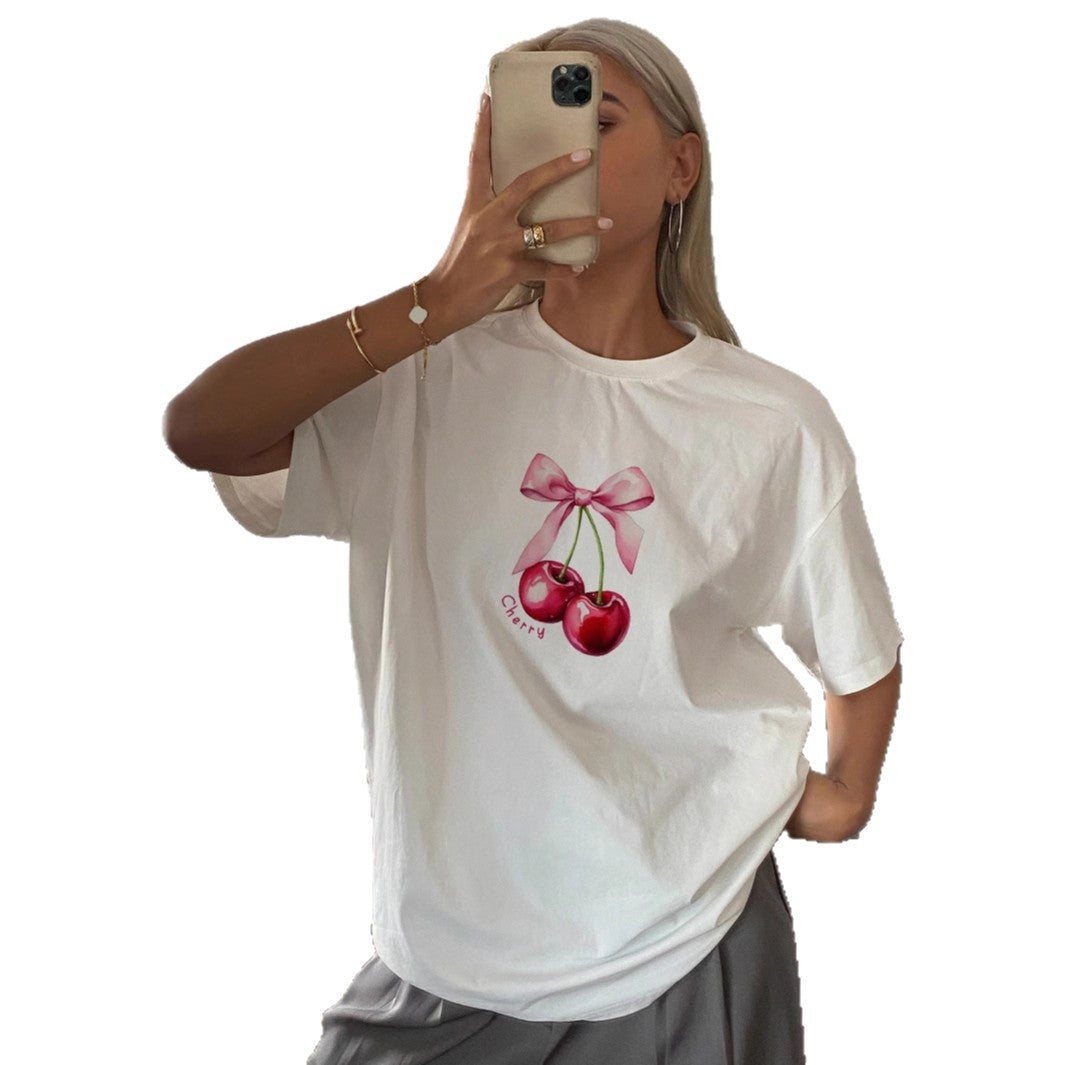 Damen T-Shirt mit fruchtigem Kirschmotiv und verspieltem Schleifendetail EB
