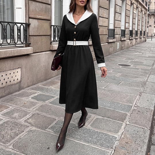 Damen Vintage-inspiriertes A-Linien Midikleid mit kontrastierendem Reverskragen, Taillengürtel und goldenen Zierknöpfen EB