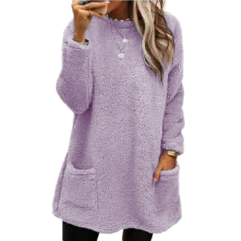 Damen nan kuscheliger langer Teddy-Pullover Oversize mit Rundhalsausschnitt und Eingrifftaschen EB