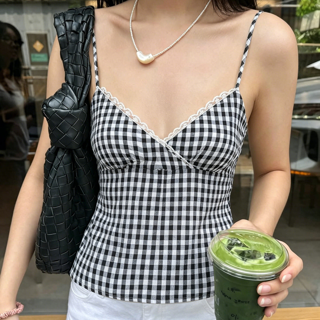 Damen V-Ausschnitt Vichy-Trägertop mit Spitzendetails EB