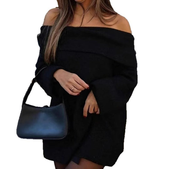 Damen Oversized Strickkleid mit schulterfreier Form und langen Ärmeln EB