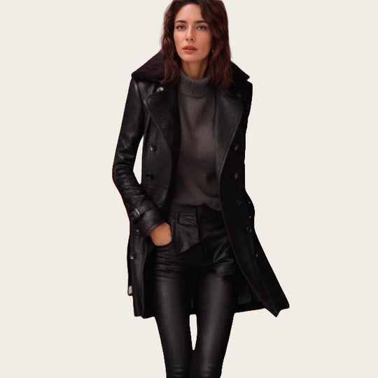 Damen edler Trenchcoat mit verschließbarem Kragen und raffinierten Details EB