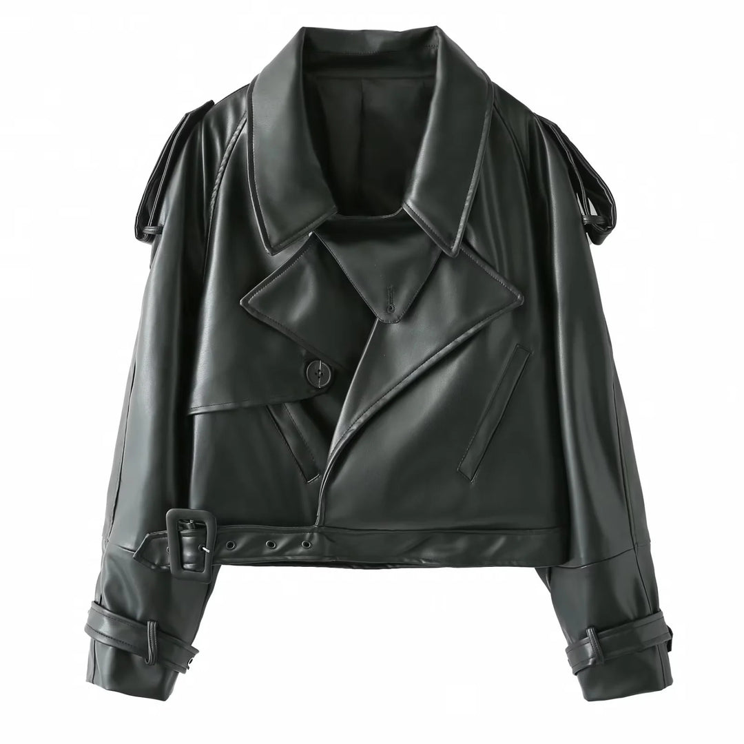 Damen coole cropped Kunstlederjacke mit asymmetrischem Kragen und modischem Design EB