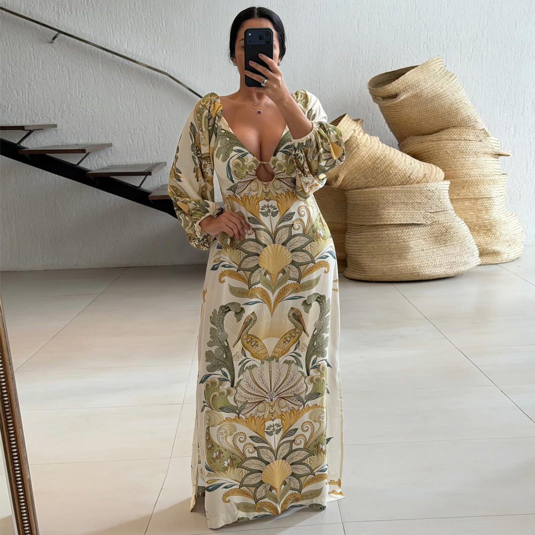 Damen Maxikleid mit kunstvollem Floral-Design und tiefem V-Ausschnitt EB