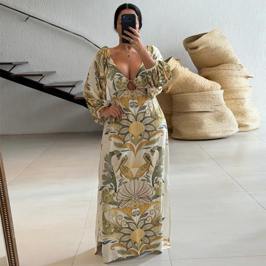 Damen Maxikleid mit kunstvollem Floral-Design und tiefem V-Ausschnitt EB