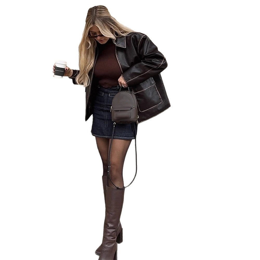 Damen Kunstlederjacke mit klassischen Details EB