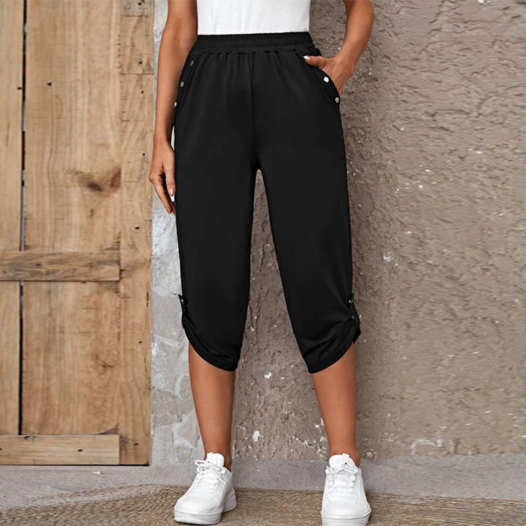 Damen nan lässige dreiviertellange Hose mit elastischem Bund, Eingrifftaschen und krempelbarem Saum EB