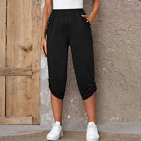 Damen nan lässige dreiviertellange Hose mit elastischem Bund, Eingrifftaschen und krempelbarem Saum EB