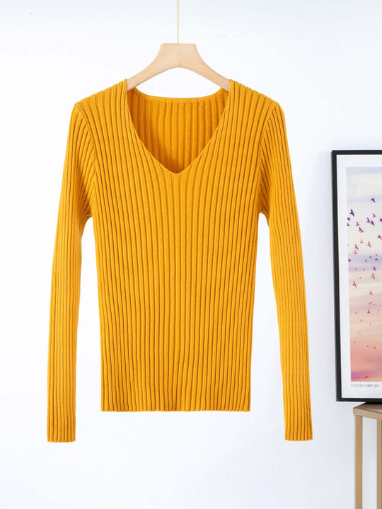 Damen Feinstrickpullover mit V-Ausschnitt und Rippenstruktur EB