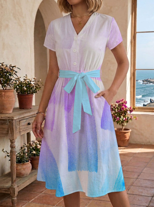 Damen Sommerliches Kleid mit taillierbarem Bindegürtel und floralem Muster EB