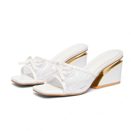 Damen elegantes Mules mit zierlichem Schleifendetail und glamourösem Keilabsatz EB