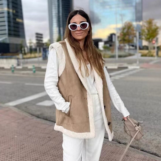 Damen warme Fleece-Weste mit klassischem Kragen und praktischen Taschen EB