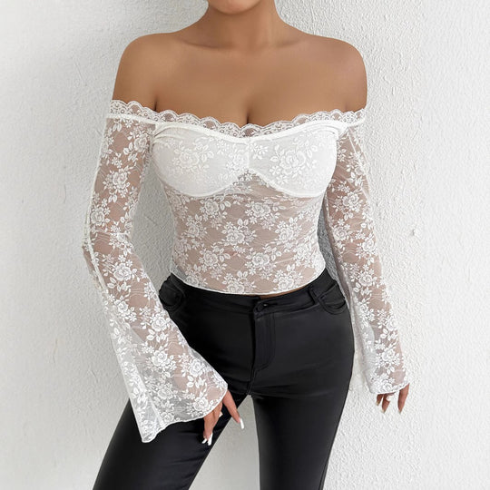 Damen Spitzenoberteil mit schulterfreiem Design und eleganten Trompetenärmeln EB